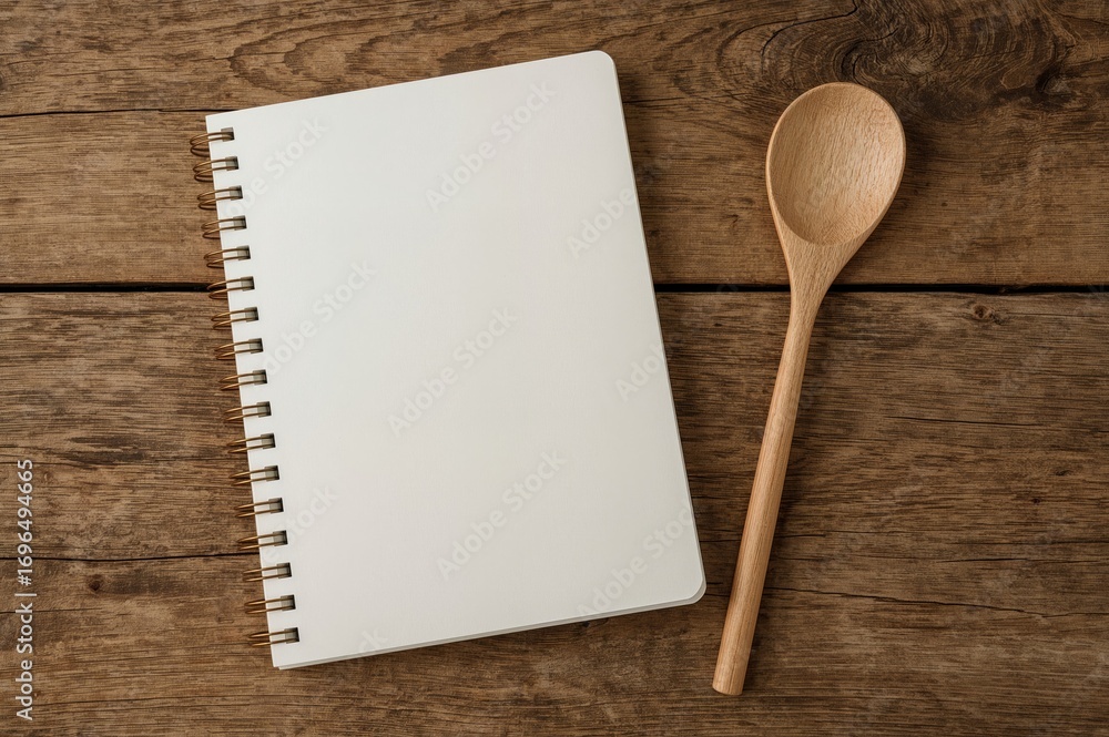 Poster empty notebook for writing notes on a wooden table alongside wooden utensils with space for text