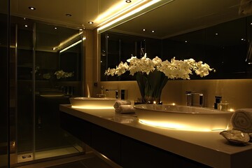 Luxurious dimly lit bathroom with double sinks, glass shower enclosure, and white orchids. Underlit countertop and recessed lighting create a sophisticated ambiance