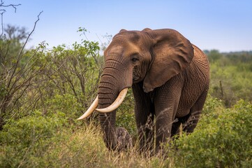 Fototapeta premium Majestic tusked elephant wandering through lush greenery in the wild