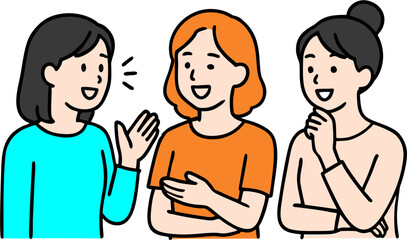 Young women smiling and talking with friends simple vector illustration, flat style female characters communication, friendship, casual conversation people graphic design.