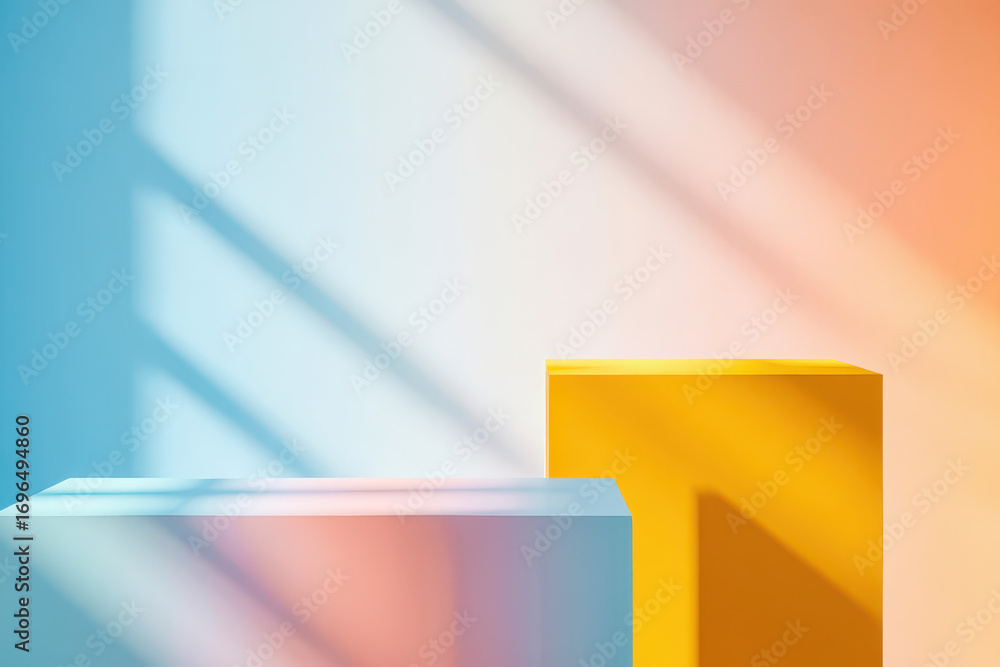 Poster pastel podiums in studio with window shadows creating a soft and colorful presentation stage