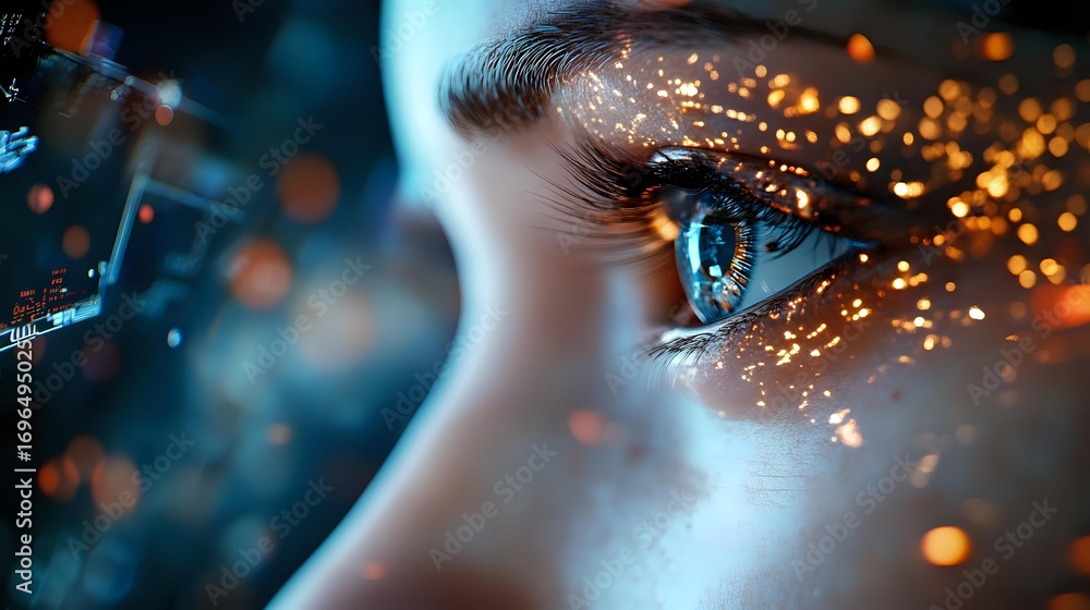 Poster close up macro shot of blue eye with golden sparkles and bokeh light effects creating magical atmosp