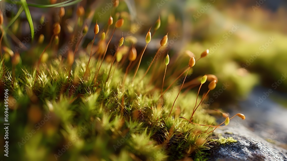 Poster macro shot of tiny moss sporophytes growing on rock surface with golden spore capsules glowing in su