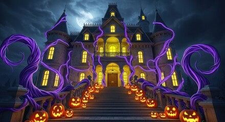 Spooky halloween mansion with pumpkins and purple vines under moonlight