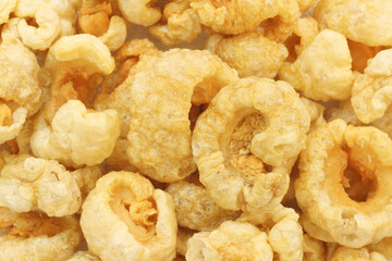 Pork rinds or Pork snack, deep fried pork skin crispy and blistered, Thailand food.