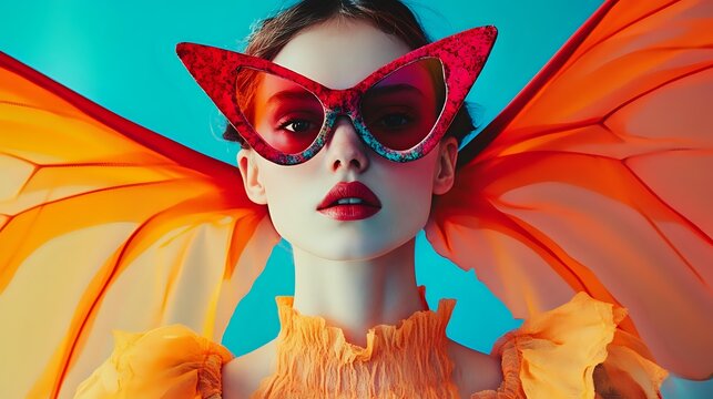 Young woman wearing red cat eye sunglasses and orange ruffled collar against turquoise background with vibrant orange wings, bright fashion makeup and red lipstick for creative portrait.