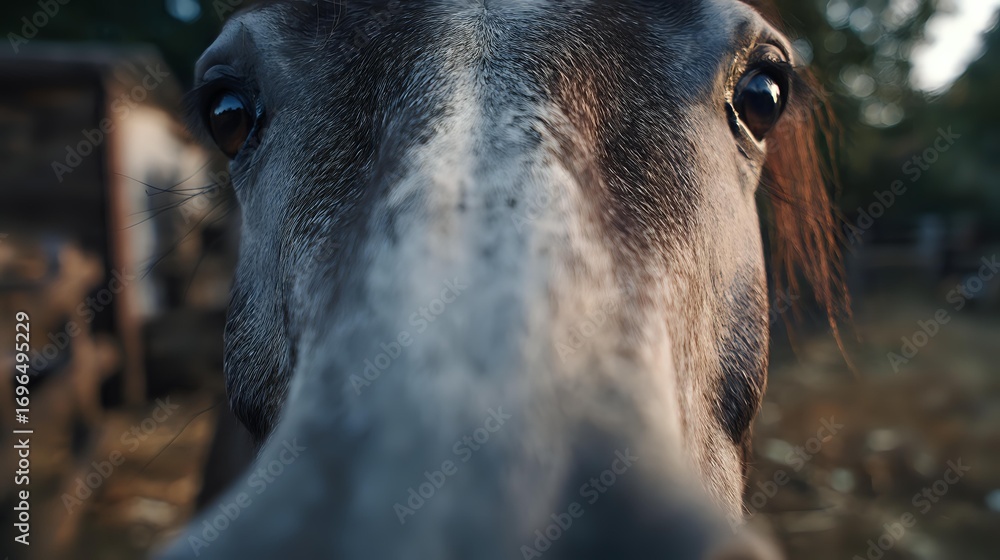 Poster close-up portrait of dark brown horse nose and eyes showing gentle expression and soft features in n
