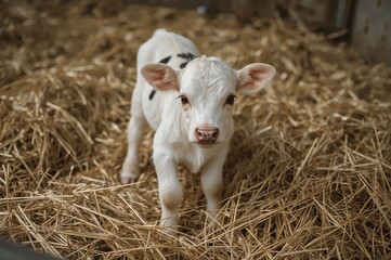 Obraz premium Young bovine resting inside a fenced enclosure on a straw bedding.