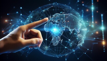 global network interface interactive digital interface a network of connections global scale expert hand points to a central hub