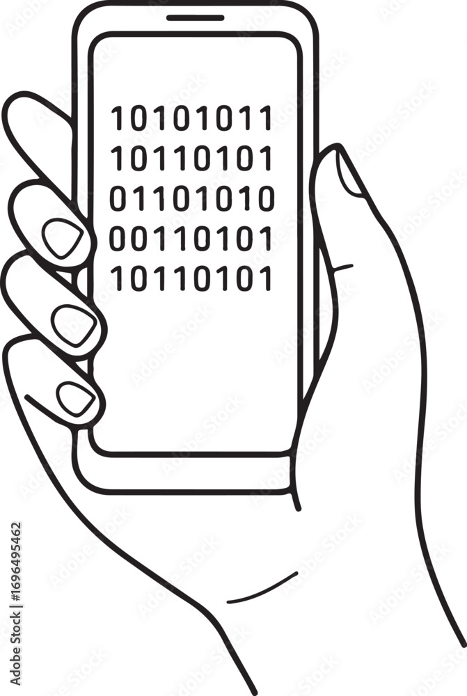 Poster hand holding smartphone displaying binary code data on screen