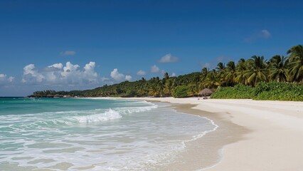 Stunning scene of a pristine white sand shoreline, crystal-clear waters, and lush palm trees at a tropical coastal location.