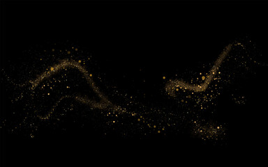 Isolated golden wavy pattern of tinsel, composition on black background.