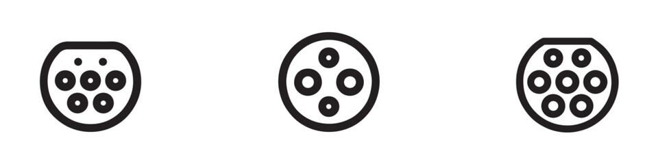 Types of electric vehicle plugs. Electro and hybrid car charging plugs with naming. Vector illustration of charging inlets for phev. Vector Illustration.