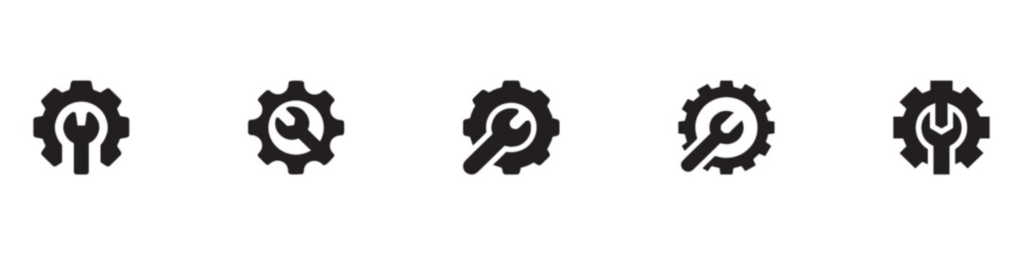 Fix service tools, wrench and screwdriver, repair instruments, simple icon. Gears logo line black icon collections. Wheel cogwheel vector. Free installation label product design. Vector Illustration.