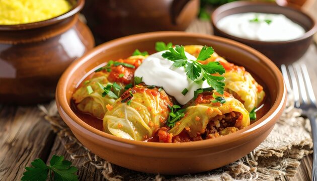 Romanian sarmale cabbage rolls stuffed with rice and minced meat, served in clay pots with polenta and sour cream