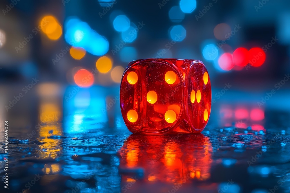 Poster red translucent dice with glowing dots on wet reflective surface against blurred city lights backgro