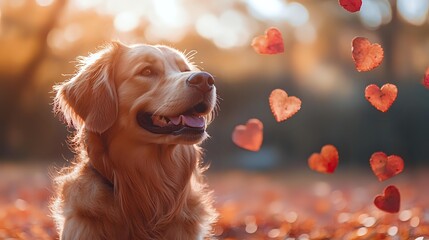 Golden retriever dog with happy expression surrounded by floating heart bokeh lights in warm sunset atmosphere, perfect for Valentine's Day or pet love themes.