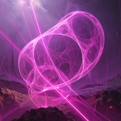 A vibrant, magenta-hued structure floats amidst a landscape of shadowy mountains and glowing light beams.