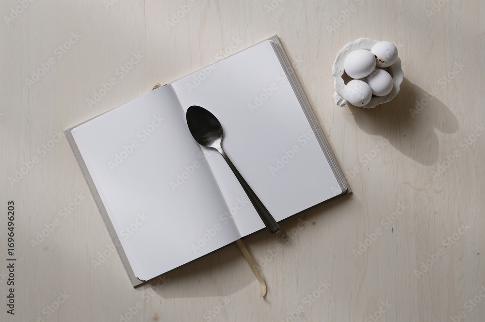 Poster empty recipe notebook with spoon and quail eggs on a bright surface, overhead shot. design template.