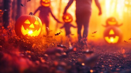 Joyful children walking in a pumpkin patch on a Halloween evening