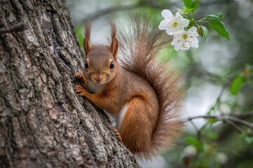 Obraz premium A Brown Squirrel Stands Still on a Tree Trunk, Gazing with Dark Eyes as Blossoms Surround It