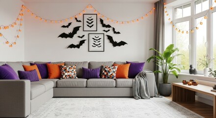 Cozy living room decorated for halloween with bats and pumpkin lights