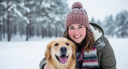 Happy woman and golden retriever dog enjoying snowy winter forest outdoors