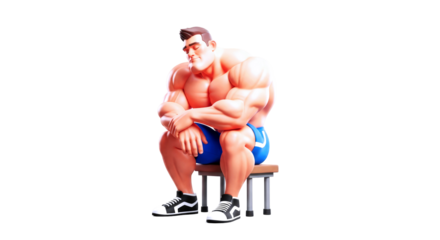 3d cartoon bodybuilder postworkout contemplation, muscular figure, reflective mood, strength and resilience, isolated on transparent background