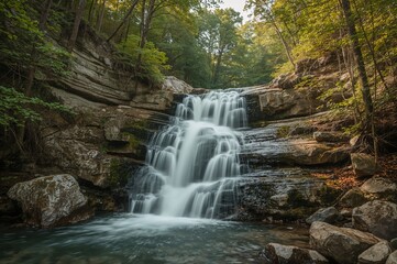 Fototapeta premium Scenic waterfall cascading through lush forest landscape