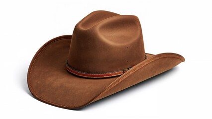 Leather-trimmed brown western hat on a white backdrop