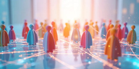 Clean 3D rendering of a human-icon social connection network showing people avatars linked together in an interconnected system symbolizing communication, teamwork, community, and digital interaction.
