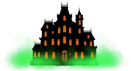 Obraz premium Spooky haunted house silhouette with glowing windows and eerie green fog