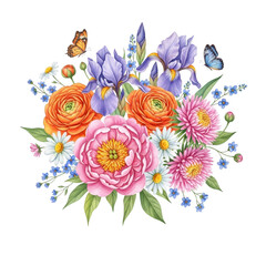 Watercolor floral arrangement with butterflies isolated on transparent background