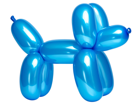 Blue Balloon Dog Statue with Glossy Finish, Diagonal Top-Down Perspective, Transparent PNG