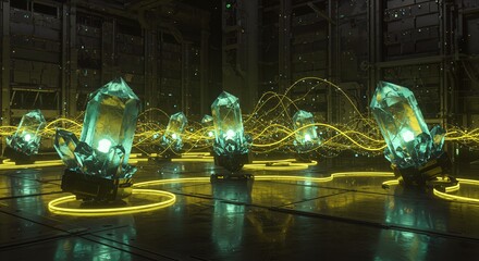 Futuristic Crystalline Data Network - Glowing Green Energy Flow AI-Generated for Tech Presentations, Sci-Fi Concepts