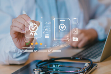 Concept healthcare quality certification AI-driven checklist medical professional write digital...