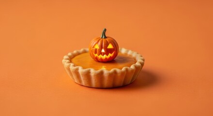 Halloween pumpkin pie tart with jacko'lantern on orange background