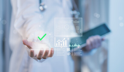 Concept healthcare data compliance and quality assurance doctor presenting virtual check icon and...