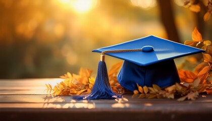 detailed blue graduation cap sharply focused soft backdrop lush foliage warm