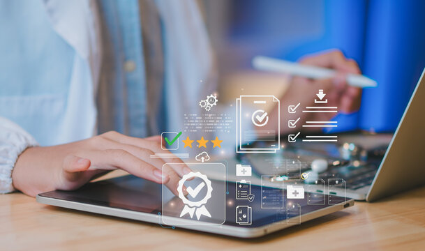 Concept healthcare compliance certification AI-powered checklist medical professional use tablet and stylus, showing stethoscope, approval icon, document, symbolizing quality assurance patient safety.