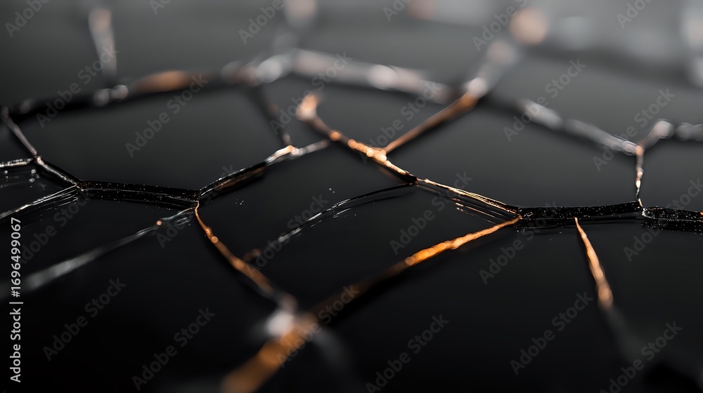 Aufkleber dark geometric network pattern with glowing orange light shining through cracks, creating dramatic c