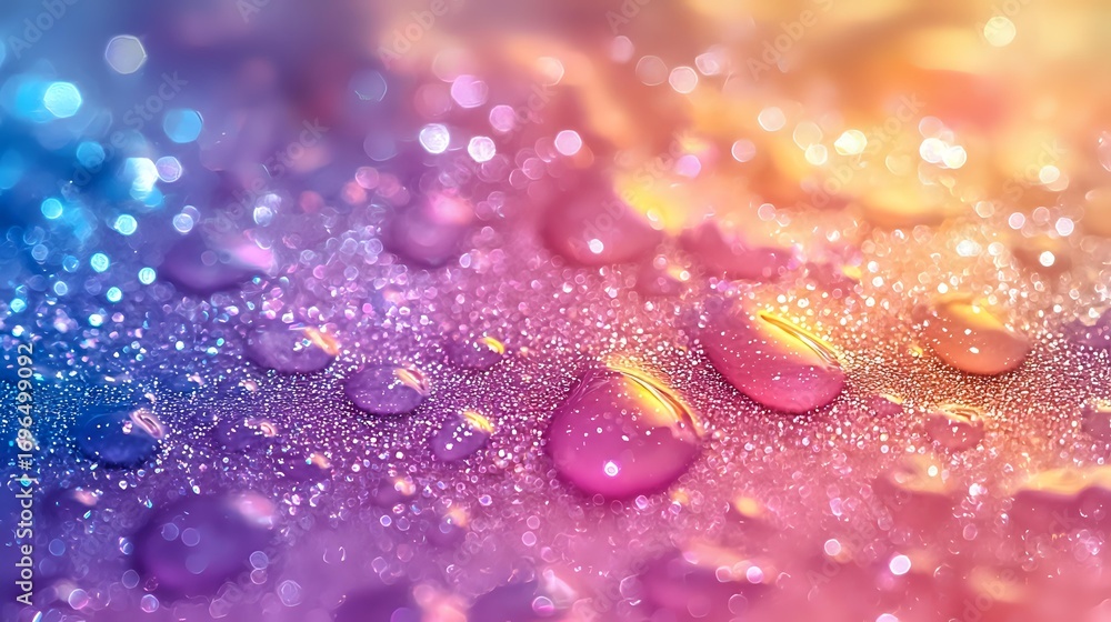 Poster colorful water drops on glittery surface with pink and blue gradient background creating magical bok