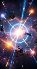 Obraz premium Dramatic cosmic event with energy beams and celestial objects in a vibrant nebula