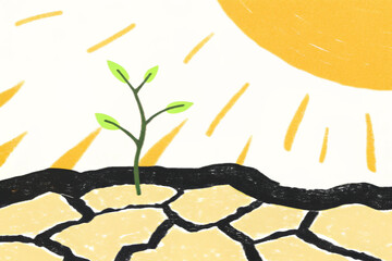 Hand drawn doodle illustration of green sprout growing from cracked ground. 