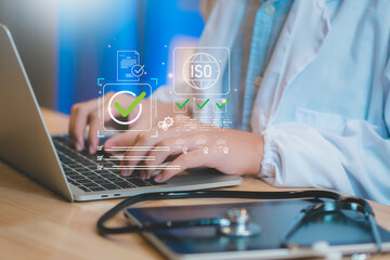 Concept healthcare compliance, ISO certification with AI-driven checklist medical professional...