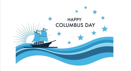 Naklejka premium Celebratory Columbus Day Card with Sailing Ship and Blue Waves in Modern Style