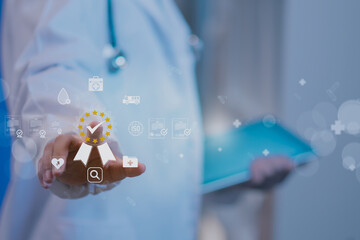 Concept medical quality certification ISO compliance AI-powered checklist doctor presents virtual...