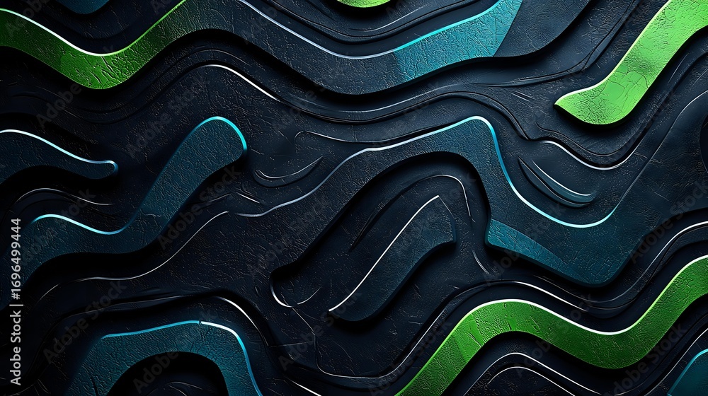 Poster abstract wavy layered background in dark teal and green tones with dimensional curved lines creating