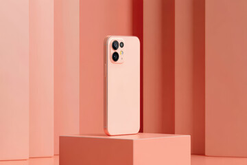 A peach colored phone stands on a peach colored cube against a peach colored wall backdrop
