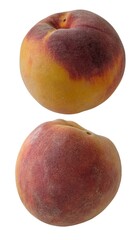 Two fresh ripe peaches, whole fruit isolated on a white background, close-up.